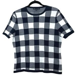 Brooks Brothers Women’s Short Sleeve Gingham Sweater Top Navy Blue/White Size XL